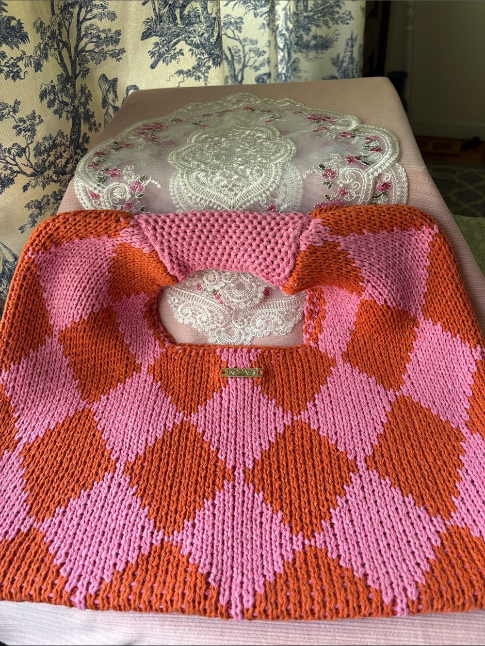 Kopari Hand-Knit Pink & Orange Argyle Sweater Tote